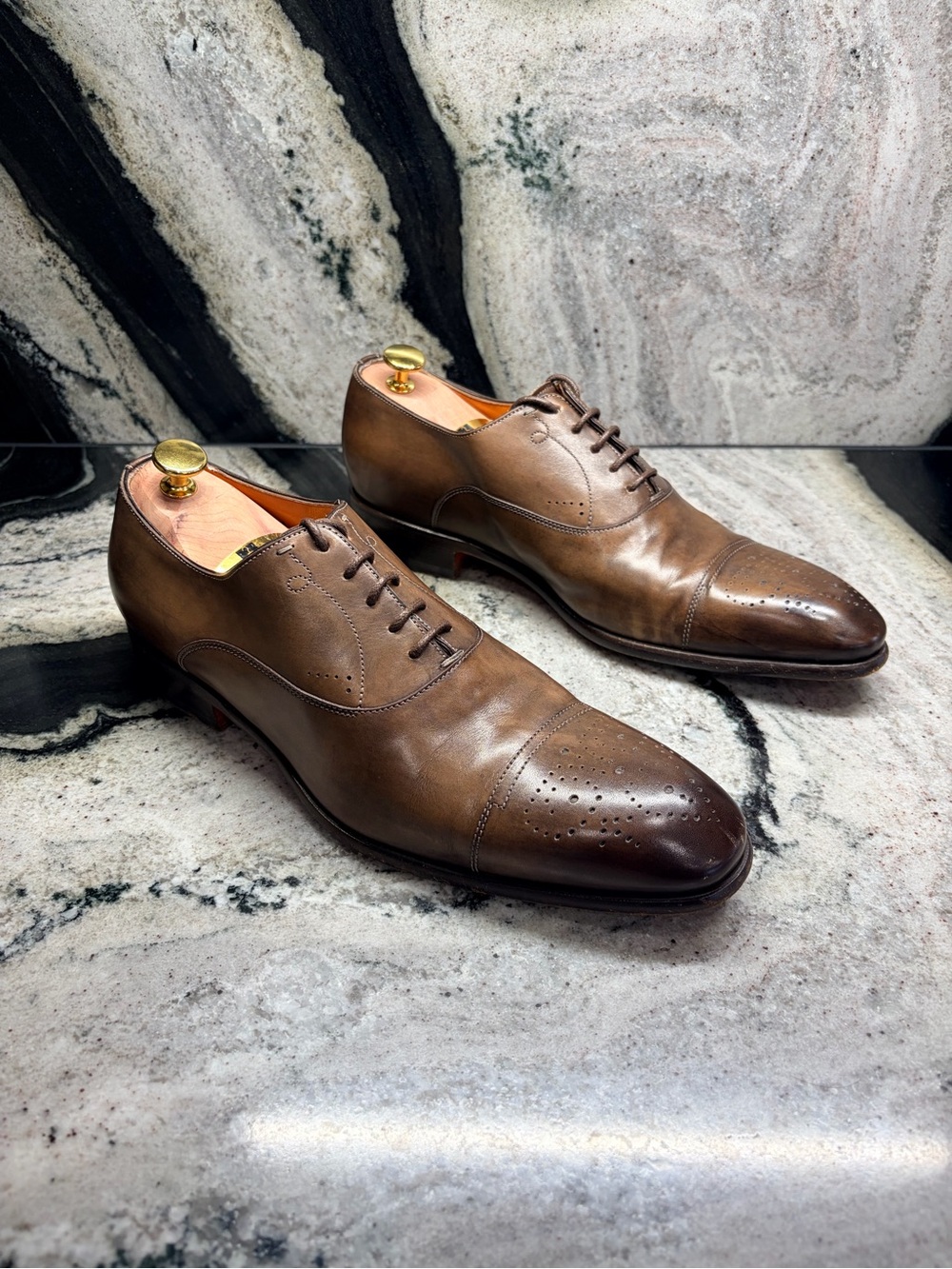 Santoni Fatte a Mano Men’s 10.5 Brown Leather Cap Toe Oxford Italy